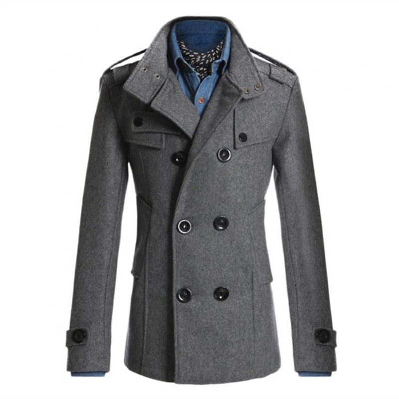 Mens New Winter Warm Trench Woolen Coat Slim Casual Reefer Jackets Solid Stand Collar Double Breasted Peacoat parka 2021