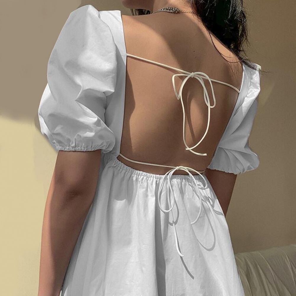 Women Casual Dress Ties Puff Short Mini Dress Solid Square Neck Dress