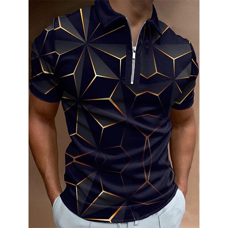 Fashion New Tops Short Sleeve Polo Shirts 3D Printing Zipper Collar ClothingMen