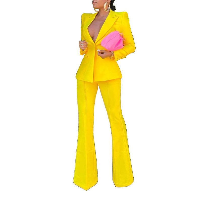 Women 2 Piece Matching Outfit Set Flare Sleeve Plunge V-neck Top & High Waist Bodycon Wide Leg Pant Sets Chic Office Lady Suit