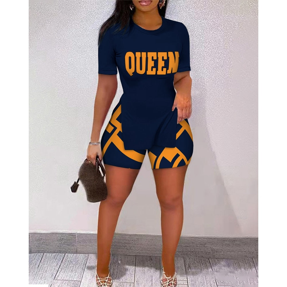 Women Letter Print Split Hem Top & Colorblock Shorts Set Summer Fashion Femme O-neck Two Pieces Outfits Streetwear Set