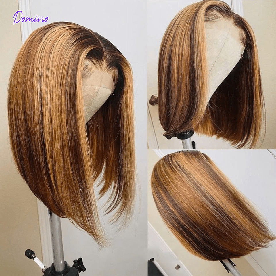 Domino Highlight Bob Wig Human Hair Brazilian Ombre Lace Closure Wig T Part Human Hair Wig Short Bob Human Hair Wig For Women