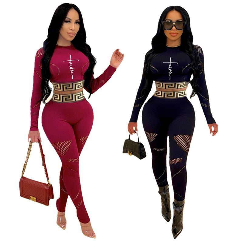 European and American women's new fashion sexy print solid color two-piece set