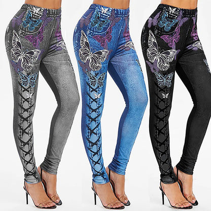 Skinny High Waist Women Pants Butterfly Print Elastic Jeans