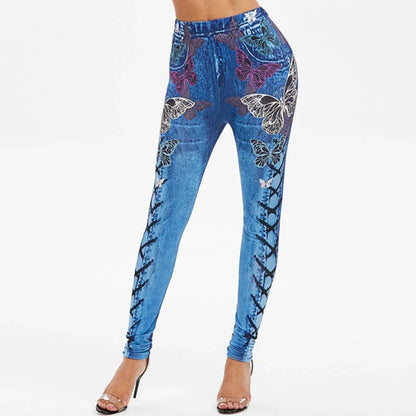 Skinny High Waist Women Pants Butterfly Print Elastic Jeans