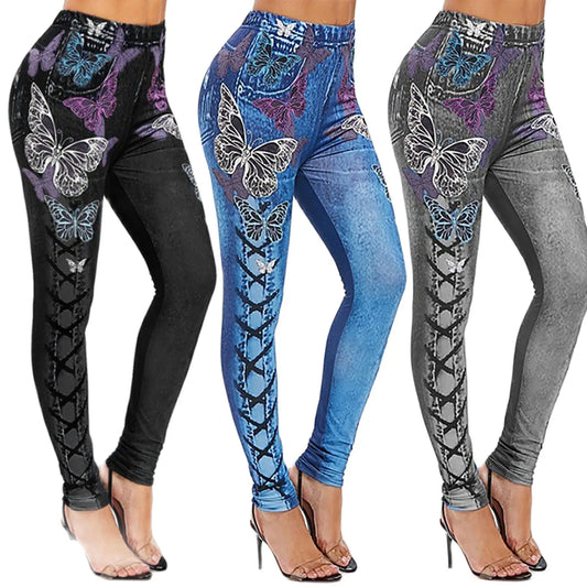 Skinny High Waist Women Pants Butterfly Print Elastic Jeans