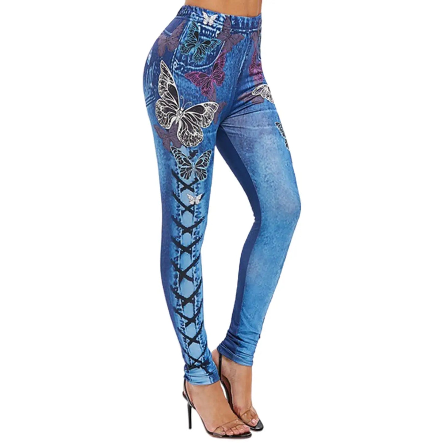 Skinny High Waist Women Pants Butterfly Print Elastic Jeans