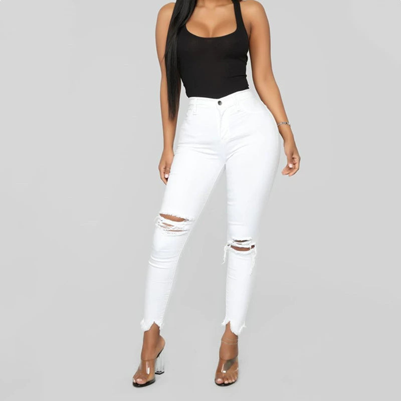 High Waist Elastic Ripped Pants Ladies Jeans Women's Pants