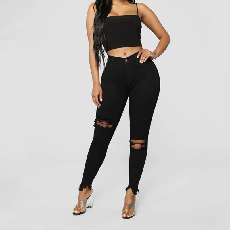 High Waist Elastic Ripped Pants Ladies Jeans Women's Pants