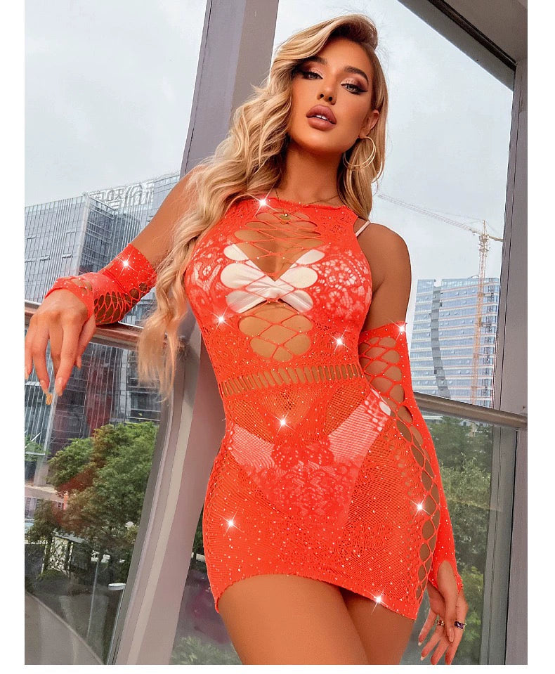 Charming Rhinestone High-Elastic Sleeve Jumpsuit, Women fashion underwear.