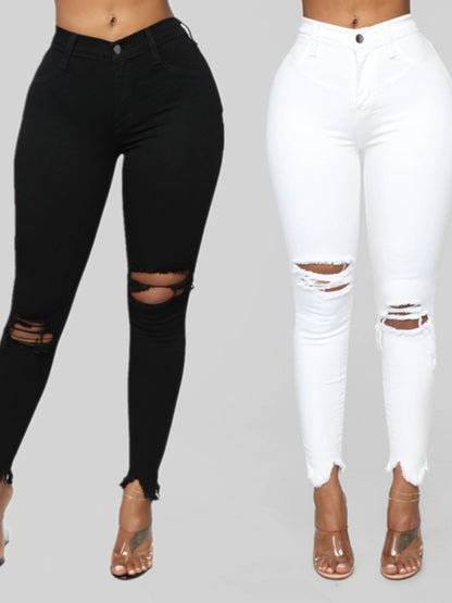 Fashion Tall Waist Ripped Jeans for Women Elastic Pants