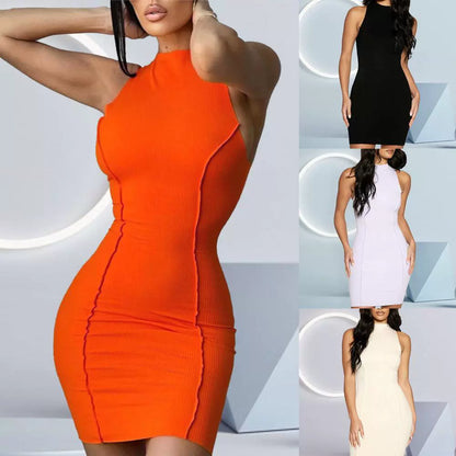 Solid Color round Neck Neck Slim Pack Hip Dress Pure Color Crew Neck