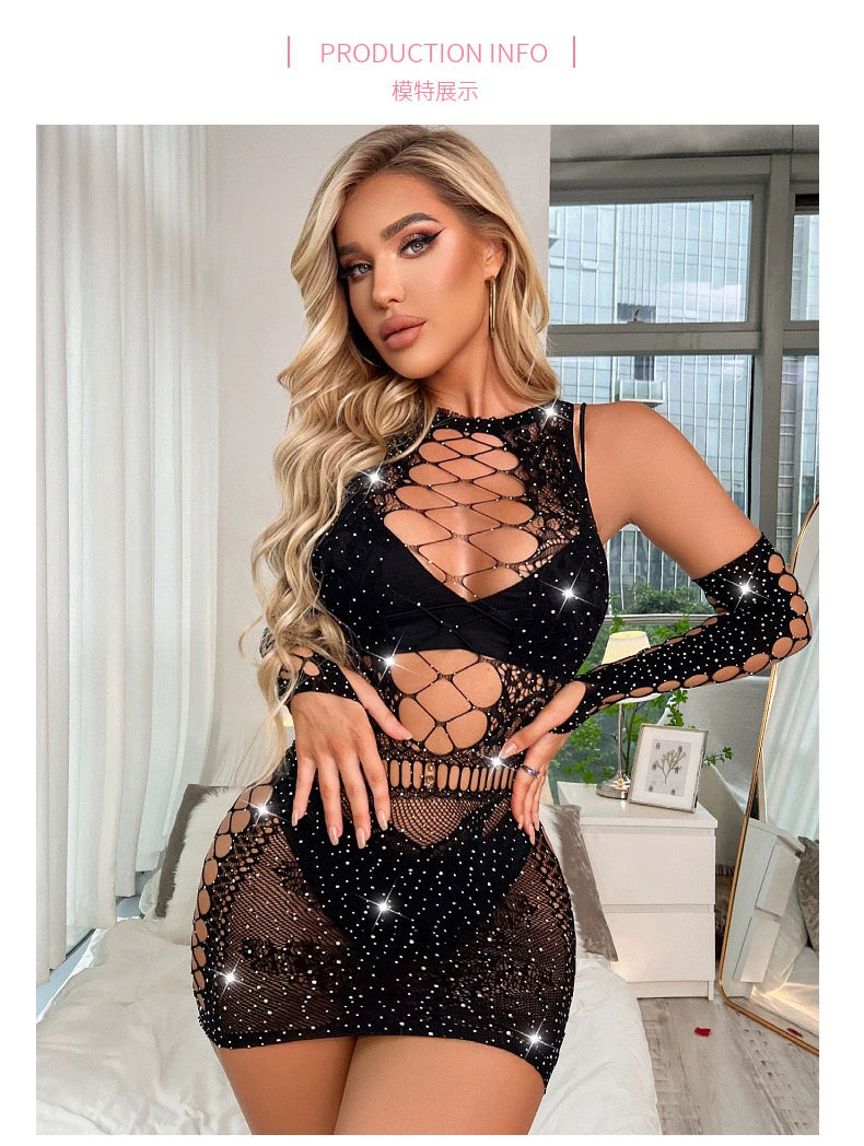 Charming Rhinestone High-Elastic Sleeve Jumpsuit, Women fashion underwear.