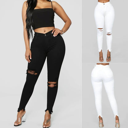 High Waist Elastic Ripped Pants Ladies Jeans Women's Pants