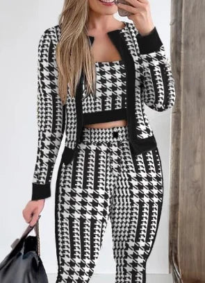 Sets Outfits Women 3 Piece Set Plaid Print Crop Top & Pants Set With Coat Fashion Casual