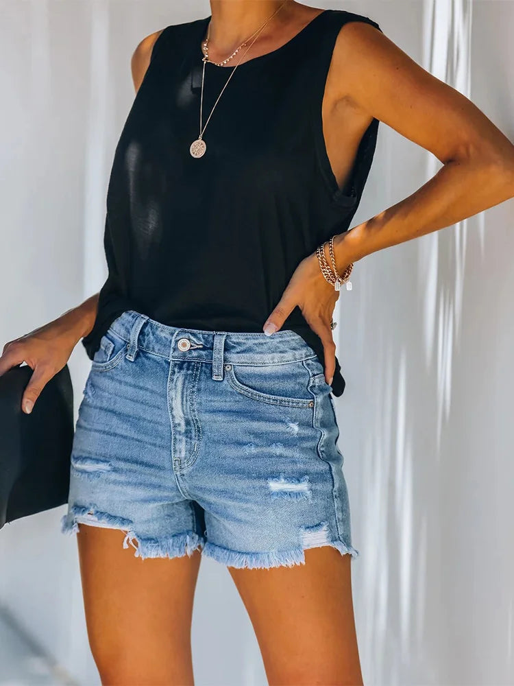 Classic Denim Shorts Women  Pockets Button Up Denim Fashion Jeans Pants