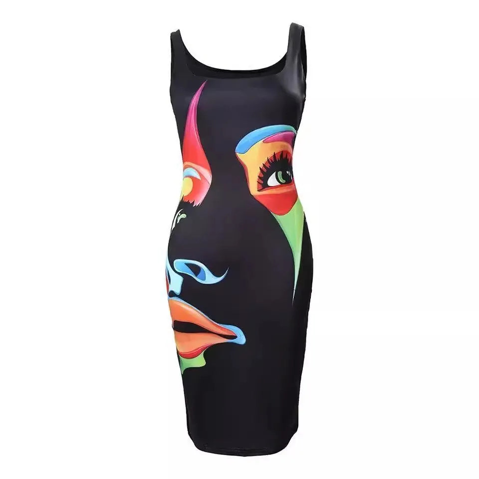 Abstract Figure Print Women's Plus Size Casual Sleeveless U-Neck Bodycon Dress