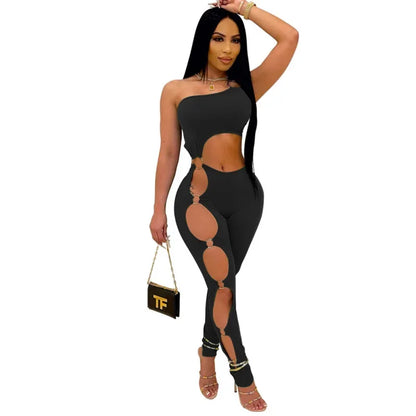 Sexy Women Outfit Hollow Out Jumpsuit Sleeveless One Shoulder Rompers Holes