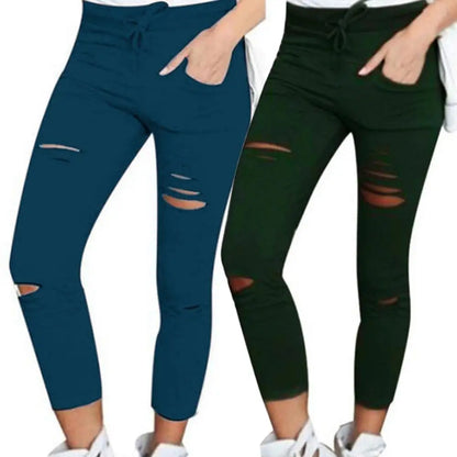 Women Pants Solid Color Drawstring High Waist Pencil Pants Ripped Skinny