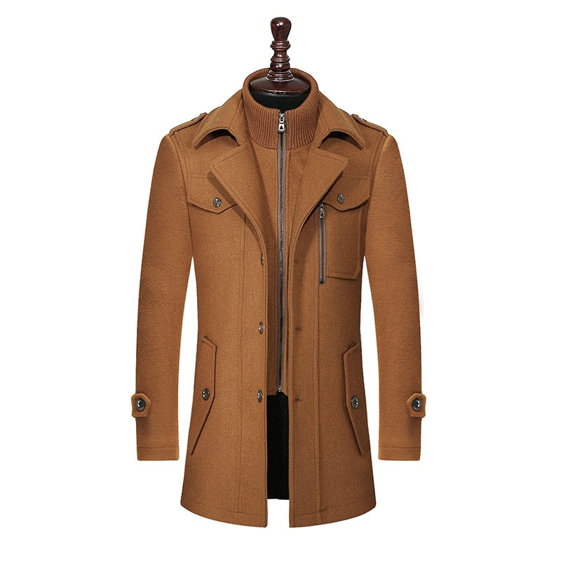 Men Winter Wool Coat Solid Color Male Trench Overcoat