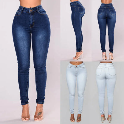 Fashion Casual Pencil Pants Large Size Ladys High Waisted Stretch Slim Jeans