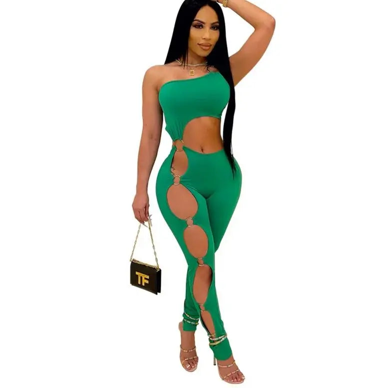 Sexy Women Outfit Hollow Out Jumpsuit Sleeveless One Shoulder Rompers Holes