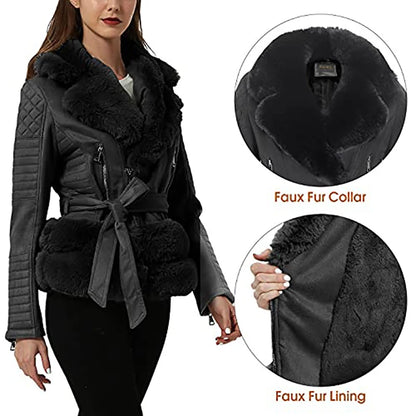 New Winter Women Jacket Thick Warm Coat With Belt PU Leather Jackets Outwear