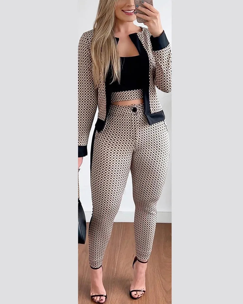 Sets Outfits Women 3 Piece Set Plaid Print Crop Top & Pants Set With Coat Fashion Casual