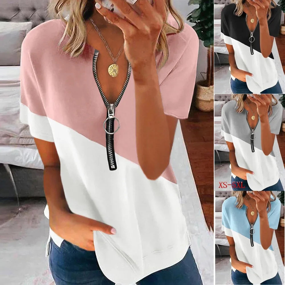 Trendy Zipper V-Neck T-Shirt For Women's Summer Short  Casual Loose Top