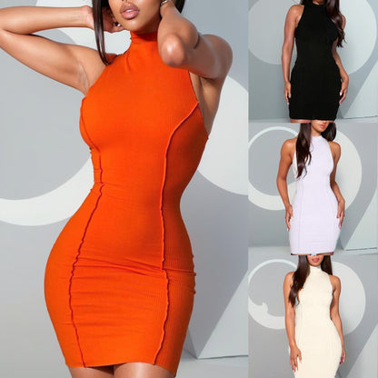 Solid Color round Neck Neck Slim Pack Hip Dress Pure Color Crew Neck