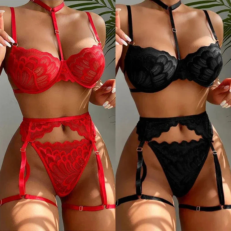 Sexy  Women Bra Garters Thongs Patchwork See Through Lingerie Set