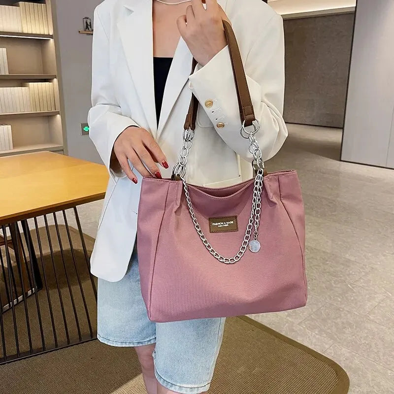 Nylon Solid Color Large Capacity Tote Bag Fashion Chain One Shoulder Women's Bag Minimalist Commuter Bag