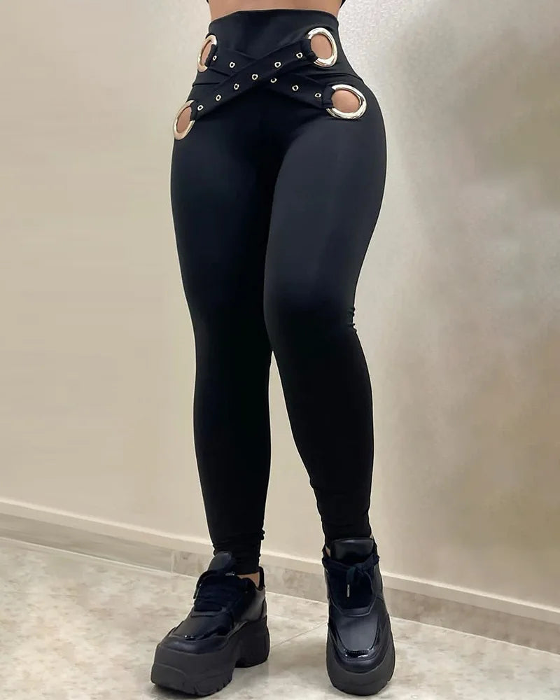 Tight Pants Women Split Rivet Double Breasted  Female Fashion pant