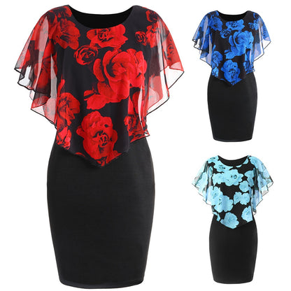 Summer Loose Womens Dress Elegant Office Lady Rose Flower Print Cape Bodycon Knee Length Dress Red