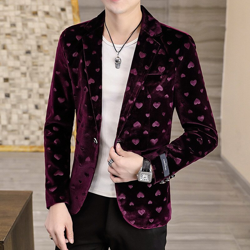 Men New Four Seasons Heart-Shaped Jacquard blazer Gold Velvet Casual Slim Handsome