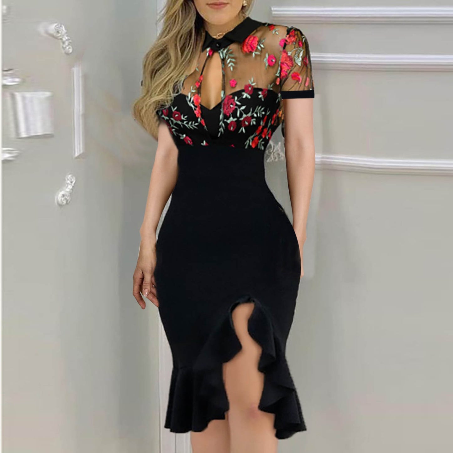 Women Summer Dress For Women Clothing 2021 Slit Ruffles Hem Floral Pattern Slimming Lace Long Sleeve Dress With Side Slits