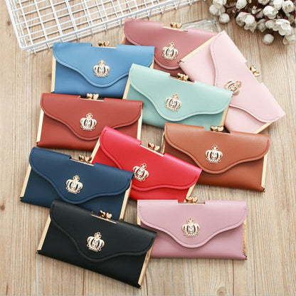 Womens Wallet Ladies Crystal Diamond Crown Decorated Long Card Holder Clutch Bag Case Female Retro Leather Purse Handbag