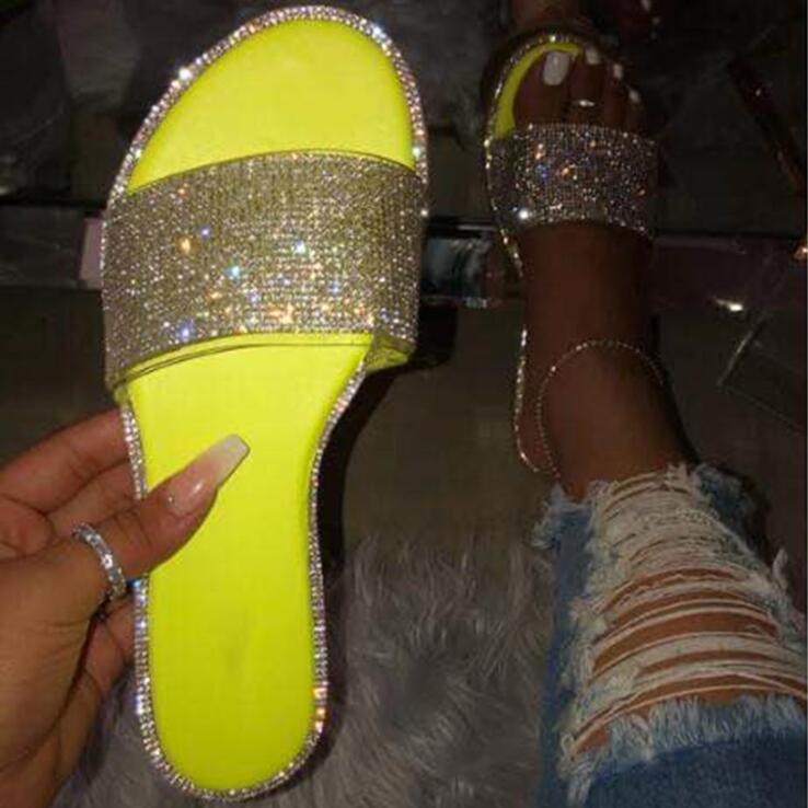 New Summer Women Crystal Slippers Glitter Flat Soft Bling Female Candy Color Flip Flops Indoor Ladies Slides Hot Beach Shoes