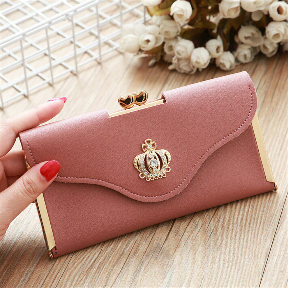 Womens Wallet Ladies Crystal Diamond Crown Decorated Long Card Holder Clutch Bag Case Female Retro Leather Purse Handbag