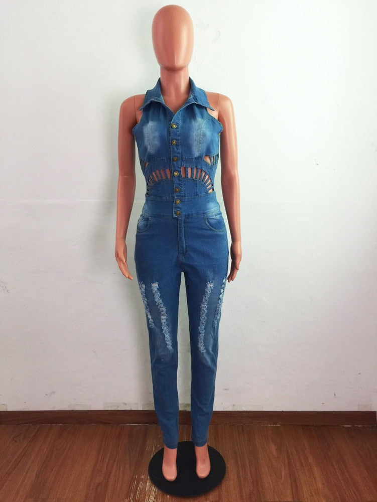 Ripped Jeans Romper Sexy Women Sleeveless Bodycon Blue Denim Pencil Jumpsuit Overalls