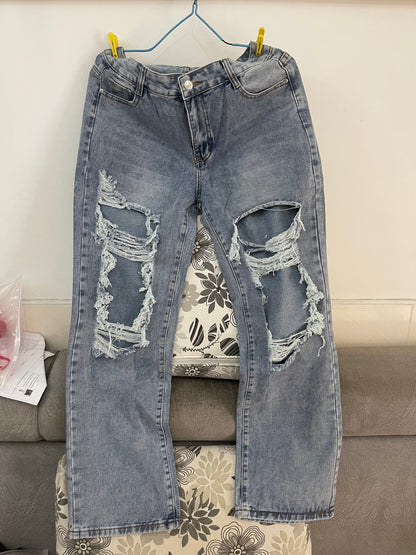 Boyfriend Jeans Fashion Loose Ripped Hole Straight Denim Pants For women