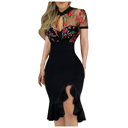 Women Summer Dress For Women Clothing 2021 Slit Ruffles Hem Floral Pattern Slimming Lace Long Sleeve Dress With Side Slits