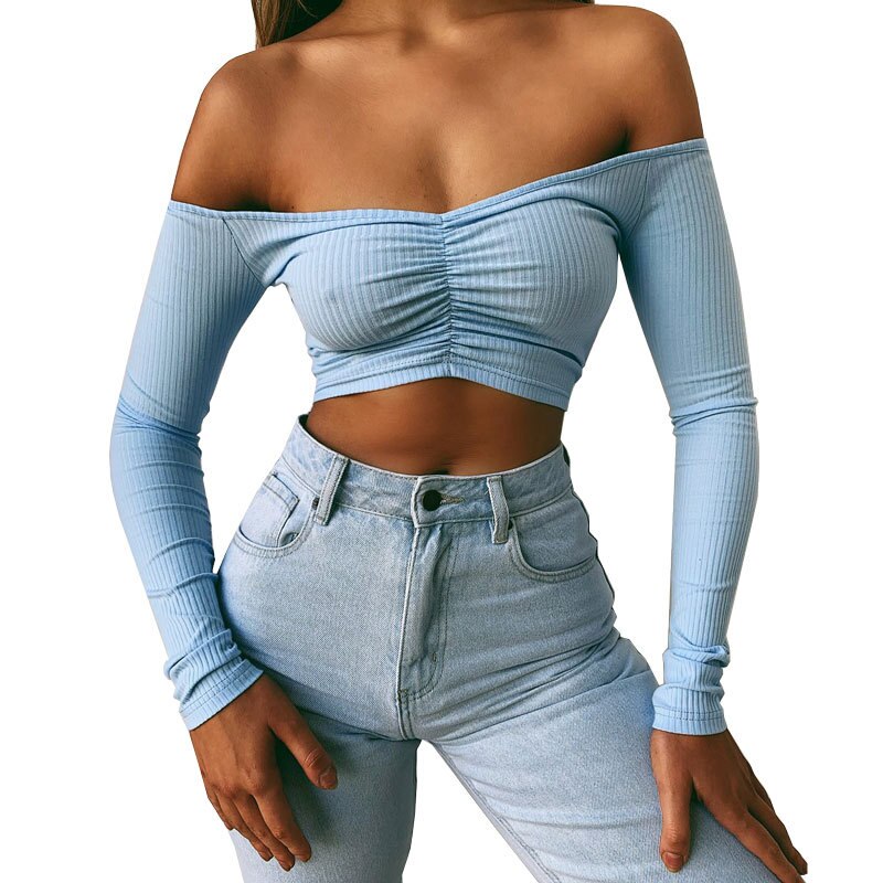 V Neck tshirt Elegant Party Club Tee Shirt Femme Dames Streetwear Women Summer Long Sleeve T Shirt Off Shoulder Crop Top