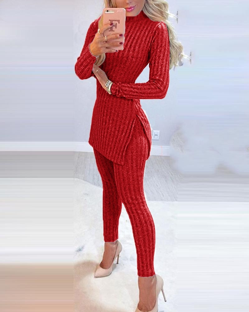 knit set for women 2-piece Set pants sets  Ribbed Slit Long Sleeve  High Waist Knitted Pencil Pants Set 2021 Winter Suit