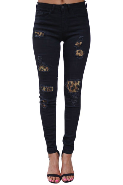 New women ripped leopard print jeans Fashion stretch Skinny denim pencil pants S-2XL