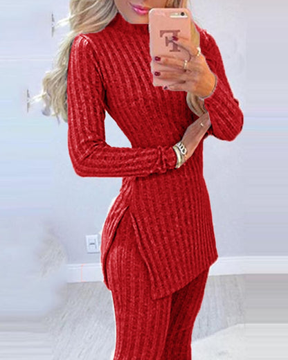 knit set for women 2-piece Set pants sets  Ribbed Slit Long Sleeve  High Waist Knitted Pencil Pants Set 2021 Winter Suit