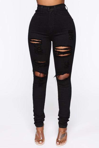 New Black Ripped Jeans For Women Fashion High Waist Denim Pencil Pants Stretch Slim