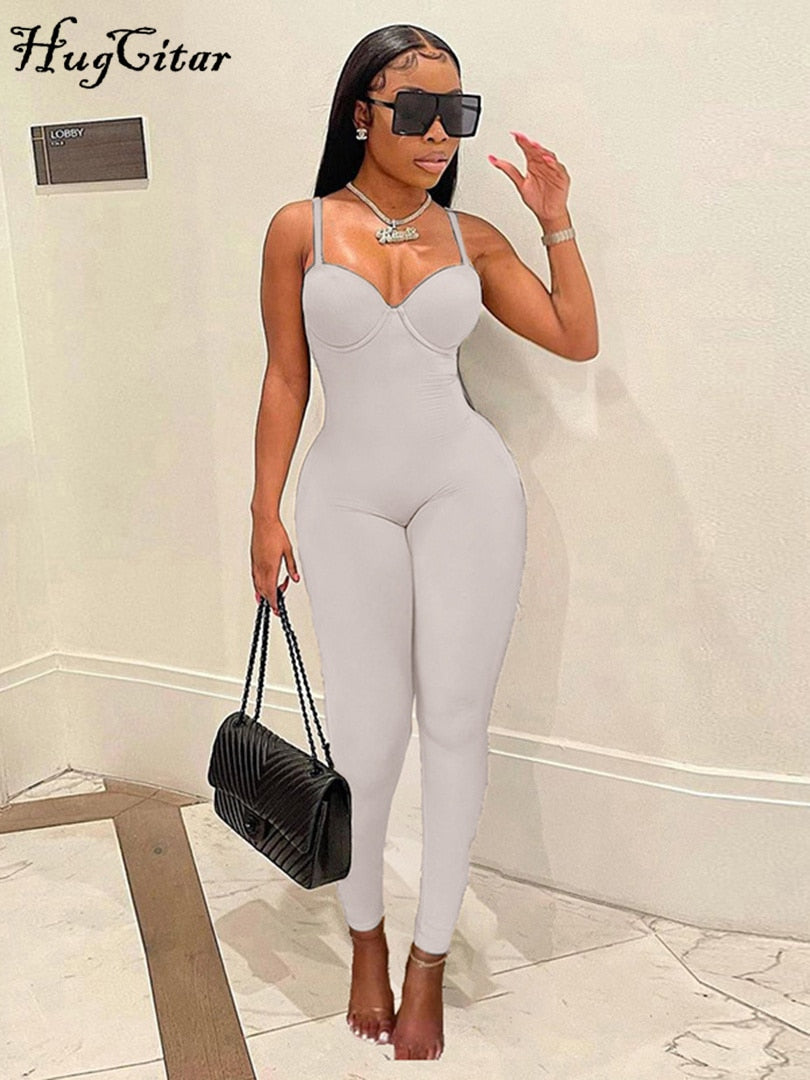 Hugcitar Slip Solid Sleeveless Square Collar Skinny Sexy Jumpsuit 2022 Spring Bodycon Elegant Streetwear Party Club Outfits Y2K