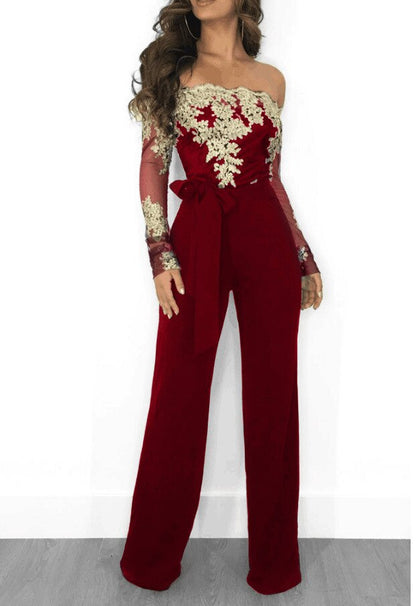 Sexy Off Shoulder Women Sequins Jumpsuits Fashion Slash Neck Long Pants Elegant Rompers Floral Embroidery Lady Overalls