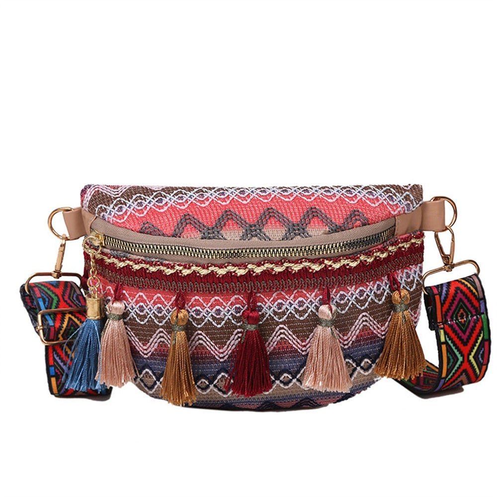 Tassel Ethnic Style Women Waist Packs Adjustable Strap Variegated Color Fanny Pack with Fringe Decor Waist Bags Travel